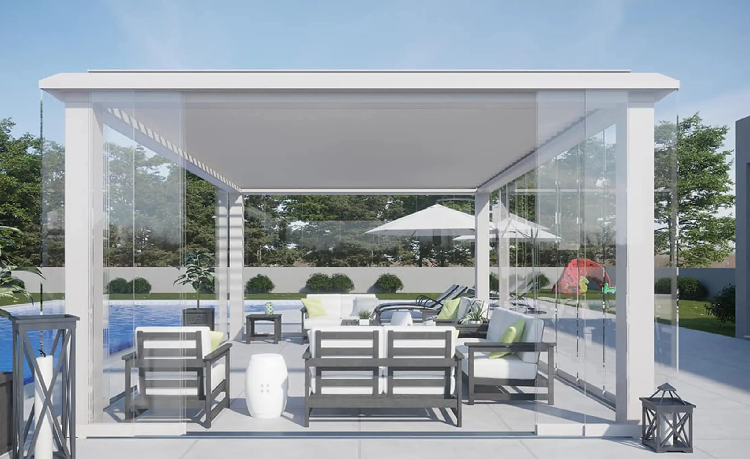Pergola bioclimatica con serramenti in vetro Pergola bioclimatica con serramenti in vetro