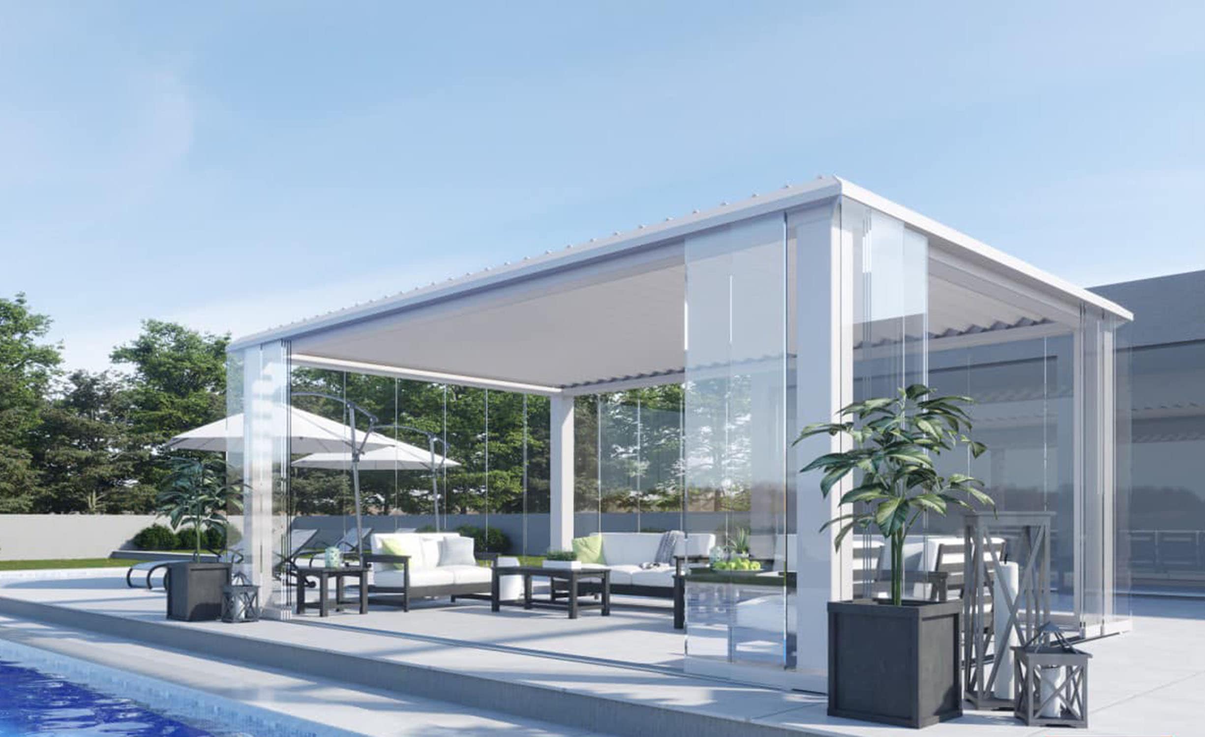 Pergola bioclimatica con serramenti in vetro