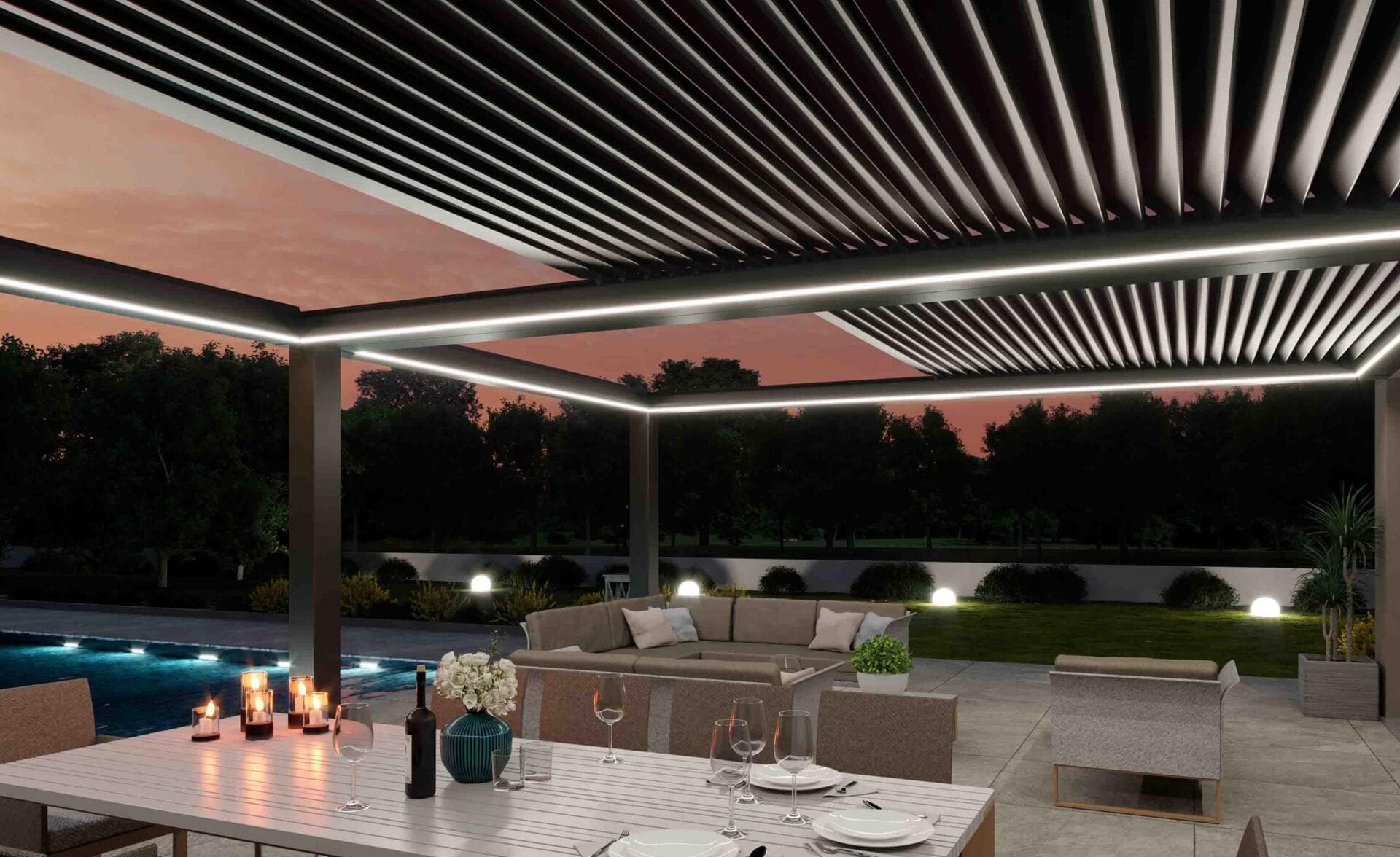 Pergola a lamelle impacchettabili in alluminio
