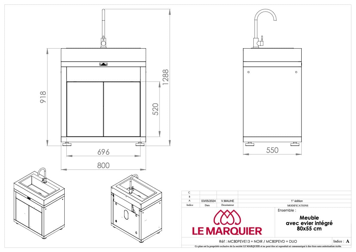 Le Marquier Mobile con Lavello Integrato 80×55 cm Nero