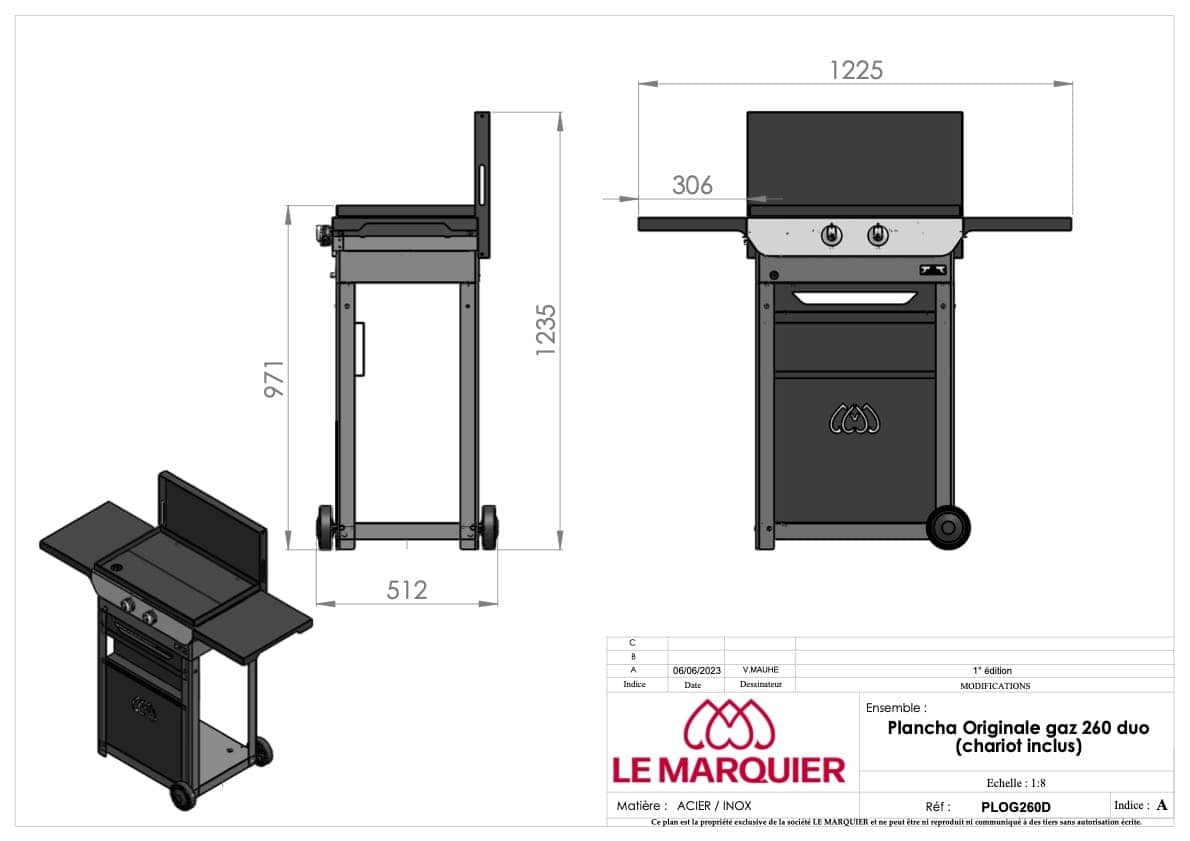 Le marquier Piastra Liscia A Gas 260 Original Duo Edition Carrello E Coperchio Inclusi